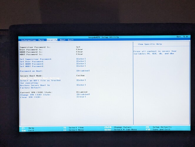 Bios Security settings showing Custom