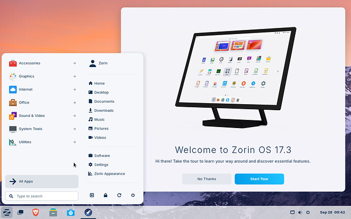 Zorin Desktop with Welcome Screen