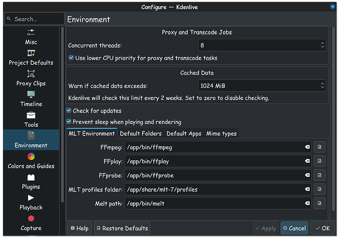 Kdenlive Settings Environment