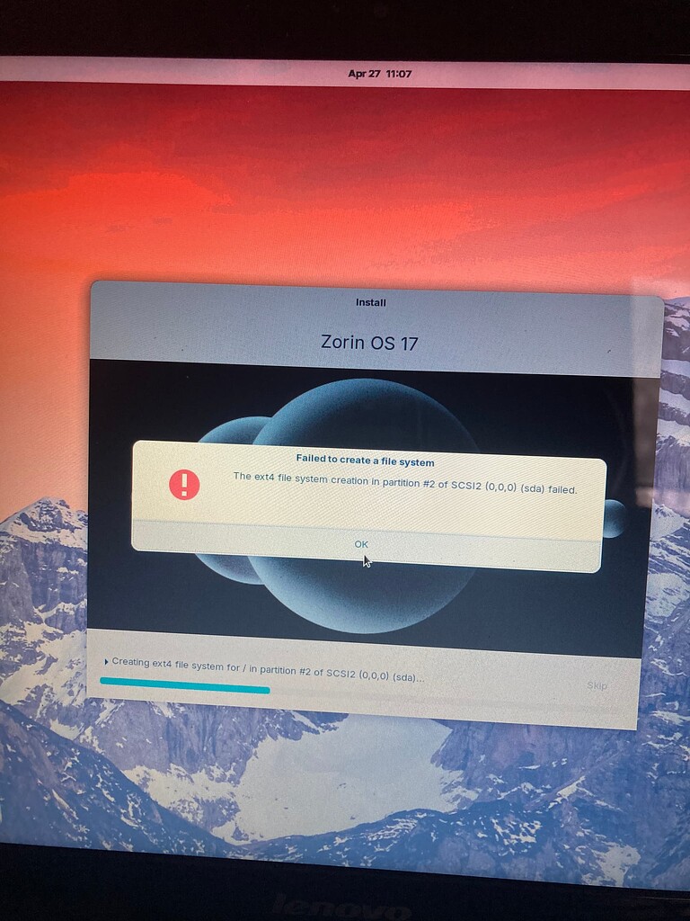Failed to create file system installing zorin os zorin forum