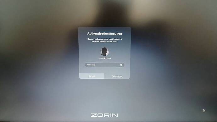 Picture showing a lock screen and a popup requesting root permission with description: System policy prevents modification of network settings for all users