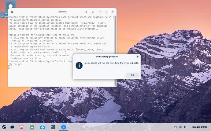 OEM Config Window acknowledging the actions when next bootup