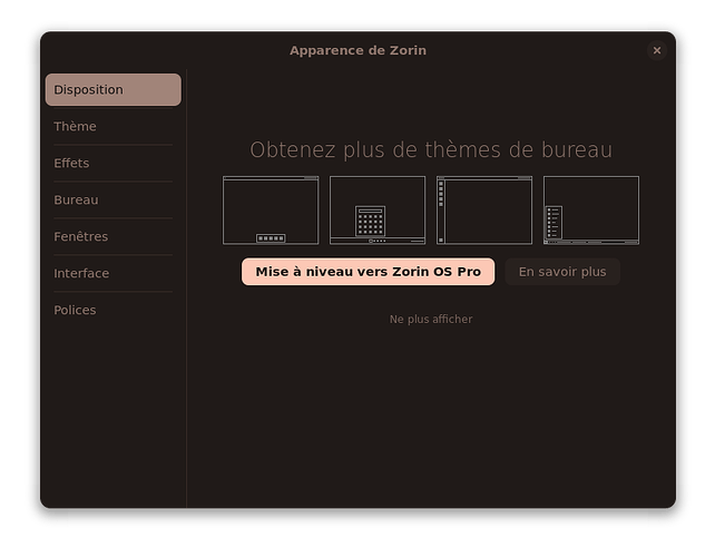 Screenshot of the Disposition tab of the Appearance app. There isn't any disposition available, but a text telling to get more themes with ZorinOS Pro. There are outlines for the MacOS theme, the Windows 11 theme, the Ubuntu theme and the basic Windows theme