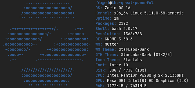 Zorin OS 16 PRO Screenfetch Kernel 5.11.38