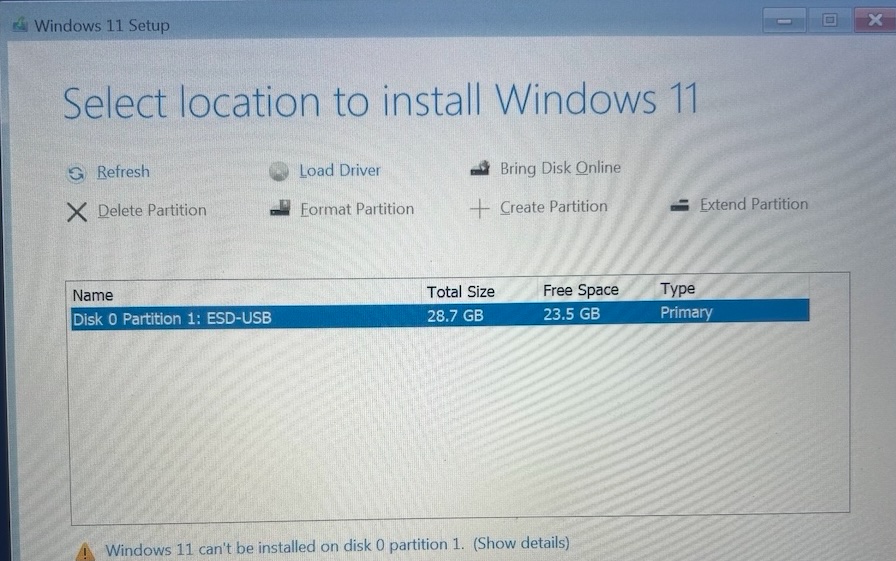 Windows 11 won't install over existing Zorin installation