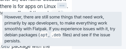 a screenshot showing a popup with the text "However, there are still some things that need work, primarily by app developers, to make everything work smoothly with Flatpak. If you experience issues with it, try debian packages (apt, .deb files) and see if the issue persists."